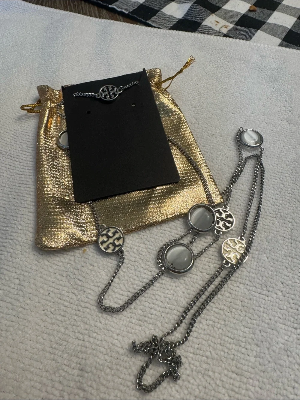 Tory Burch Silver-Tone Logo & Mother-of-Pearl Station Necklace